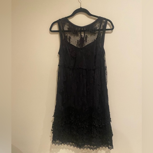 Black Floral Lace Mini Dress with Slip - Picture 2 of 5